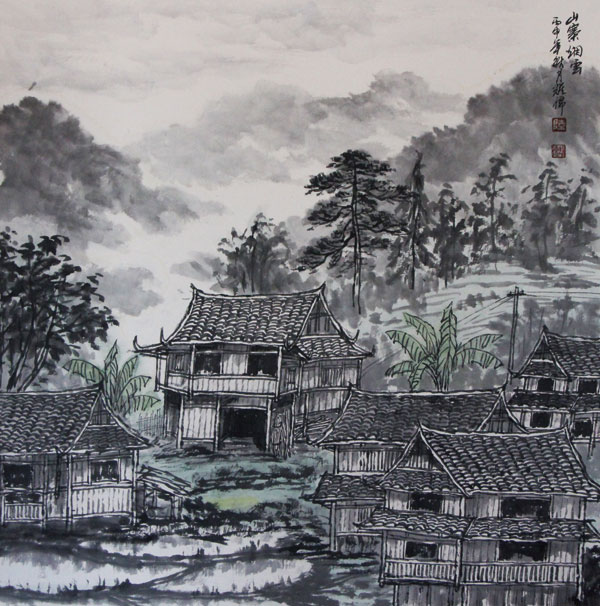 作者：陆耀儒《山寨烟云》50×50cm--（写生作品）.jpg